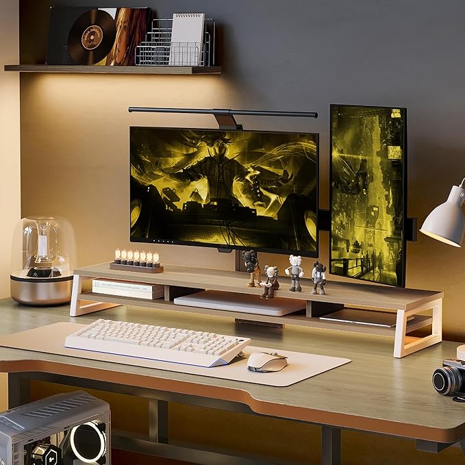 Fenge Dual Monitor Stand for Desk, 42.5in Large Monitor Riser for 2 Monitors, 2 Tier Computer Office Desk Top Shelf, Desktop Storage Stand for Laptop, PC, Computer, Printer