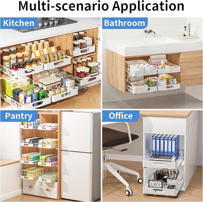 XLP Pull Out Cabinet Organizer 16" Deep, Heavy Duty Slide Out Drawers, Adhesive or Drill Roll Out Shelf with Damping Rail for Kitchen, Bathroom, Pantry, Cupboard(11.73" W X 16.46" D X 3.15" H, White)