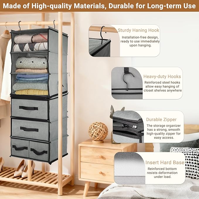 Durable 2-in-1 Hanging Closet Organizer with 2 Separable 3-Tier Hanging Shelves Holder & 4 Removable Drawers,Clothes Storage Organization Space-Saving for Bedroom,Bathroom,Nursery,Dorm,RV