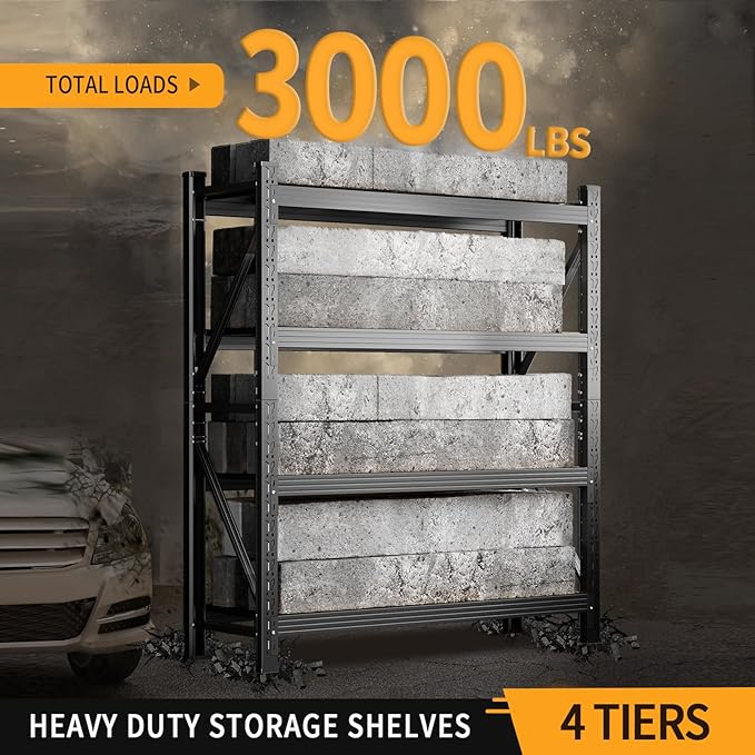 3000LBS Heavy Duty Shelving Units, 4 Tier Adjustable Metal Utility Shelf, 78.7" H Garage Storage Shelves Organization Rack for Industrial, Warehouse, Basement (Black, 19.7" D×41.3" W×78.7" H)