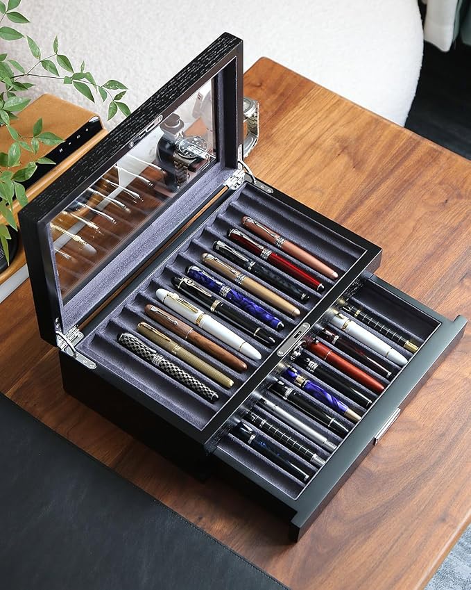 Wood Pen Display case 24 Slot Fountain Pen Box Storage Organizer with Drawer, Top Glass Window Pen Collection Display Case