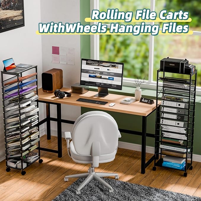 15 Tier Rolling File Cart, Sturdy and Durable Desk File Organizer with Metal Mesh Letter Tray, Heavy-duty Rolling Clutter Cart for Office, Home, School, Black