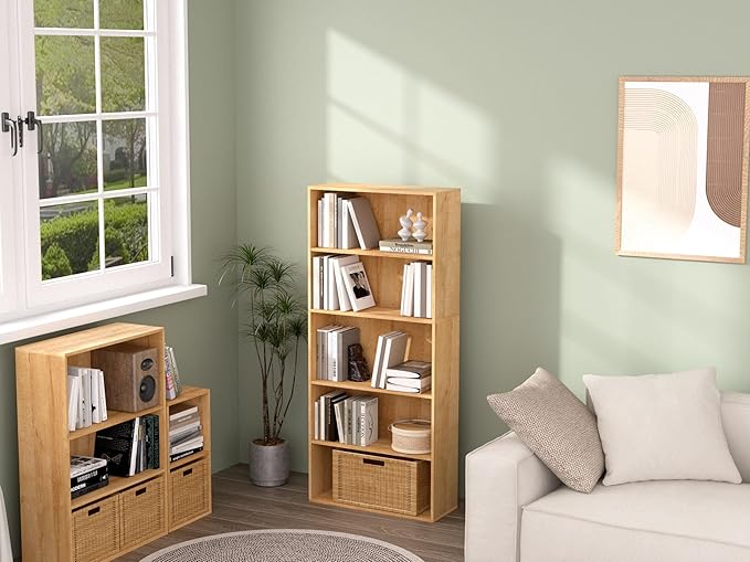 5 Tier Book Shelf,Wooden 5 Cube Storage Organizer,5 Tier Low Bookcase Storage Display Organizer, 54 Inch Versatile Cubes Shelf and Cubby Unit for Any Space (Natural Oak, 5 Cube-W(23.6inch)