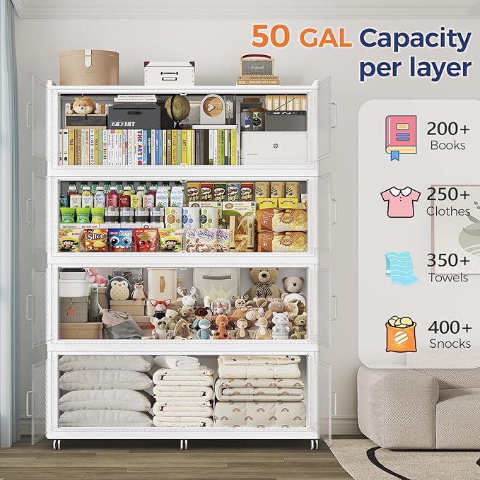 150 Gallon Extra Large Collapsible Storage Bin with Lid, 960QT Stackable Plastic Organizer with 6x Wheels, Foldable Drawer Cabinet for Closet, Living Room Office, Kitchen 3Pack, White
