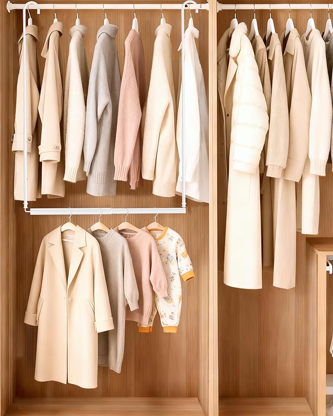 Hanging Closet Rod, Adjustable Height & Width Closet Rods for Hanging Clothes-Closet Extender Hanging Rod Space-Maximizing Design Suitable for Hanging and Drying Clothes, White