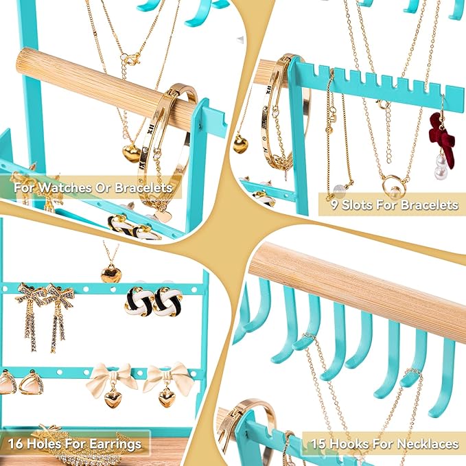 DreamGenius Jewelry Organizer Stand with Velvet Ring Holder, 4 Tier Jewelry Holder Organizer with 15 Hooks for Necklaces and 16 Holes for Earrings, Blue