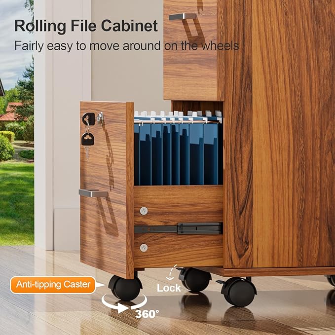 VINGLI 2-Drawer Rolling File Cabinet with Lock, Wood Mobile File Organization for Hanging Letter Size Filings Under Desk Filing Cabinets for Home Office, Assembly Required, Classic Walnut, 26.5" H