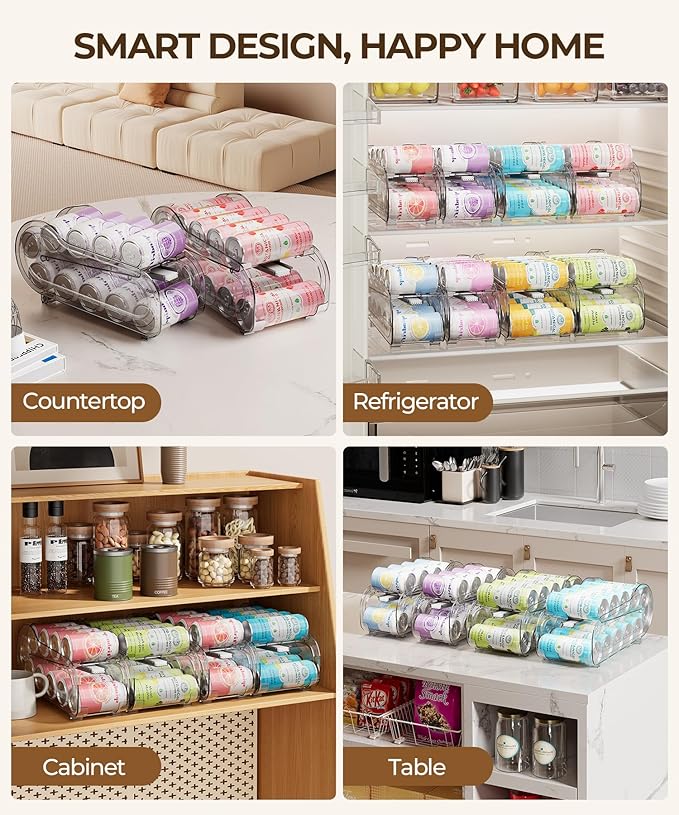 Drink Organizer for Fridge, Soda Can Organizer Dispenser for Refrigerator with Automatic Rolling,Organize Standard Size 11.15oz or 12oz Cans Drink,Save space for Fridge、Kitchen、countertop （4 pack）
