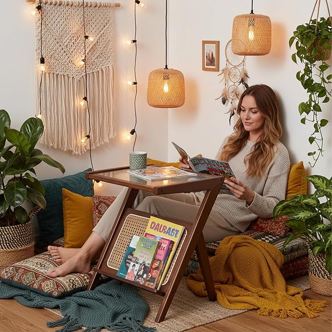 Tiita Rattan Side Table, Mid Century Nightstand, Bamboo Accent Bedside Tables, Glass Coffee Tables, Boho Wooden End Table with Storage for Small Space, Living Room and Bedroom