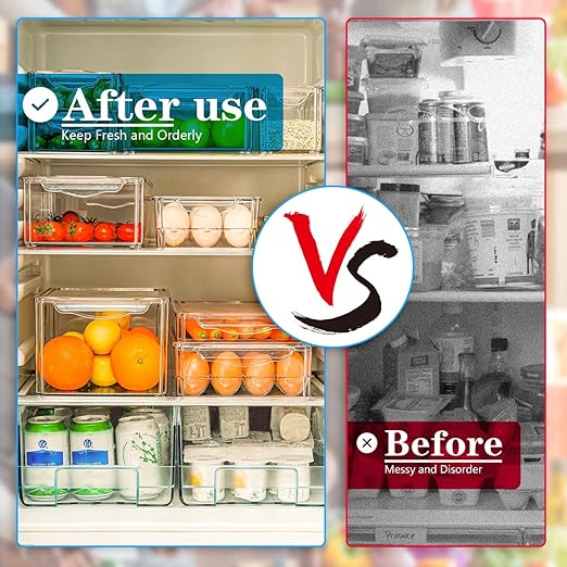 Pomeat 10 Pack Fridge Organizer, Stackable Refrigerator Bins with Lids, BPA-Free Produce Fruit Storage Containers for Fridge, Clear for Food, Drinks, Vegetable