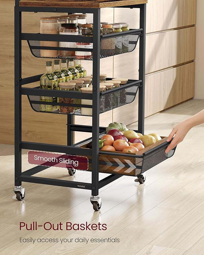 VASAGLE Storage Cart with Pull-Out Baskets, 4-Tier Kitchen Cart with Wheels, Handle, 12.5 x 15.8 x 29.9 Inches, Rustic Brown and Ink Black ULRC040K01