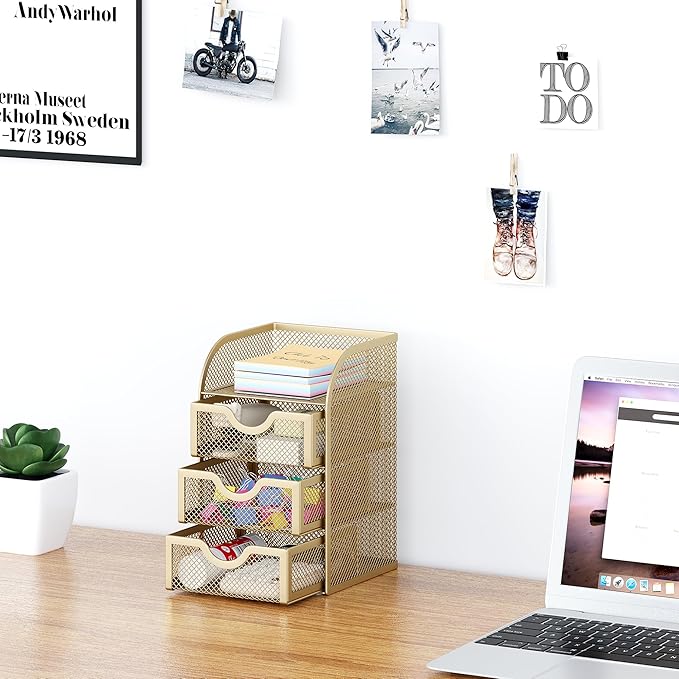 EasyPAG Mesh Desk Organizer with 3 Drawer Office Desktop Organizers and Accessories Stationery Caddy for Office, Home, Students, Gold