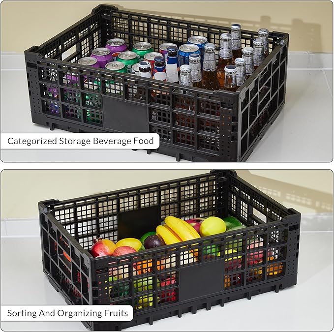 Collapsible Storage Crates, 52 Liter Heavy Duty Foldable Plastic Crates , Storage Baskets and Bins 23.6" L x 15.7" W x 8.6" H Stackable Dairy Milk Crates for Office, Home, Toy Storage