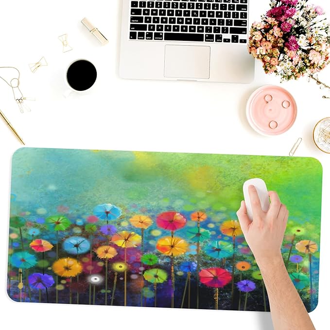 Desk Mat,Abstract Watercolor Flowers Extended Gaming Mouse Pad for Office Work & Game,Computer Keyboard Mouse Mat Desk Non-Slip Rubber Base Large Mousepad with Stitched Edges, 31.5x15.7inch