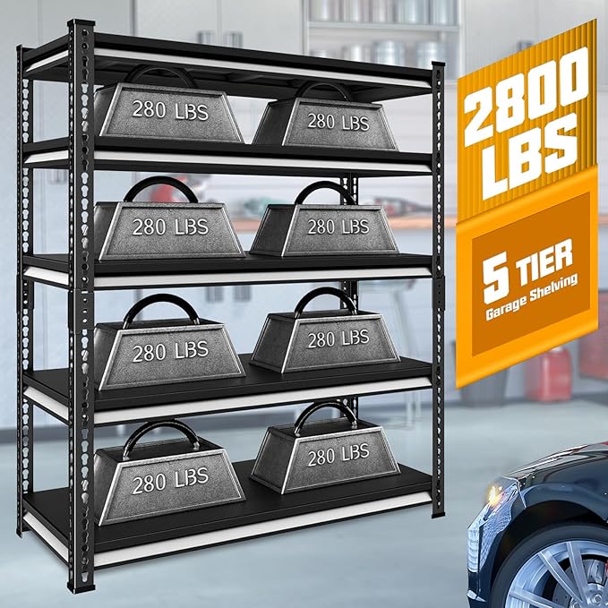 48" W Garage Storage Shelves Heavy Duty, 2800LBS Loads Adjustable Garage Shelving, 5-Tier Metal Shelving Units and Storage Racks, Industrial Utility Shelf,48" Wx18 Dx78 H, Black