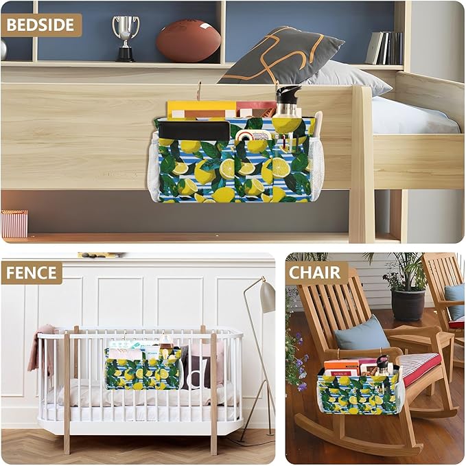 White and Blue Striped Lemons Bedside Caddy for Dorm Bed Bedside Hanging Caddy Bag Iron Frame Storage Organizer Pocket for Bunk Home College Hospital Beds 2 Hooks