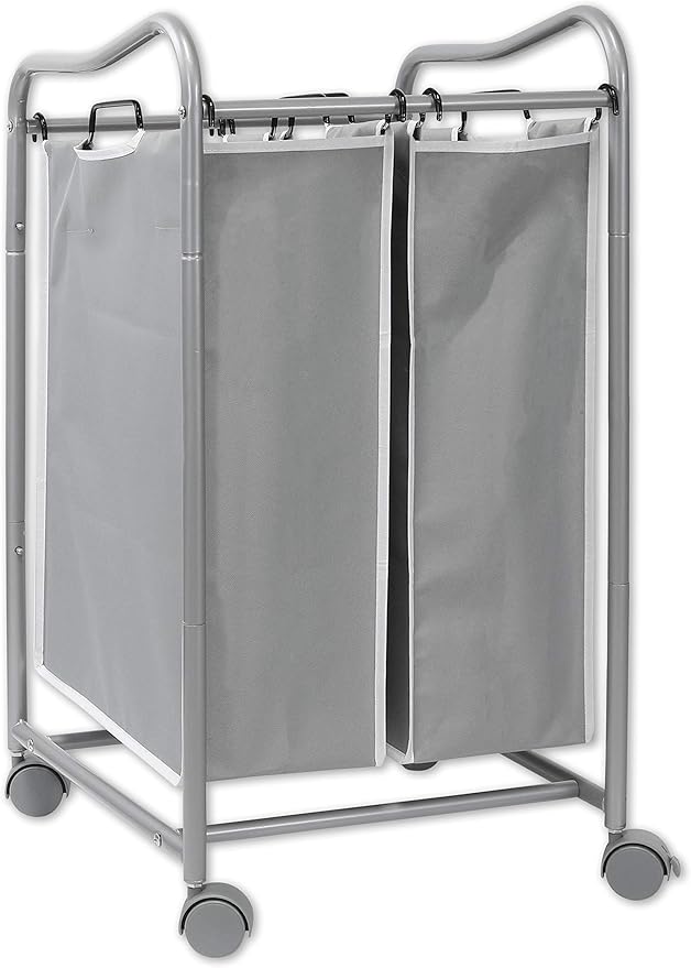 Simple Houseware 2-Bag Heavy Duty Rolling Laundry Sorter Cart, Silver – 2 Section Removable Bags and Lockable Wheels for Laundry Room Organization