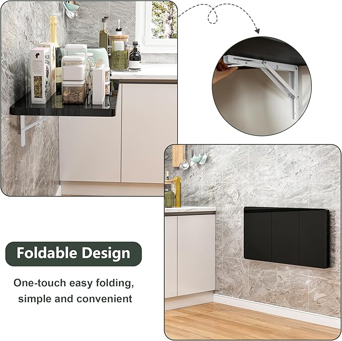 Clikuutory Wall Mounted High Gloss Folding Table, Wall Desk Fold Down for Small Spaces, Folding Workbench for Laundry Room, Home Office, Kitchen, Bedroom, Home Bar, Black(31.5"×15.7")