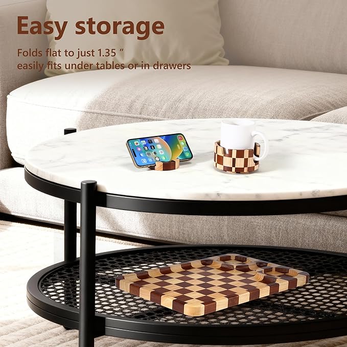 Couch Arm Table, Checkered Carbonized Rubber Wood Sofa Armrest Tray, 3-in-1 Clip-on Large Couch Cup Holder Tray with 360° Rotating Cup Holder & Phone Stand for Drinks, Snacks & Remote