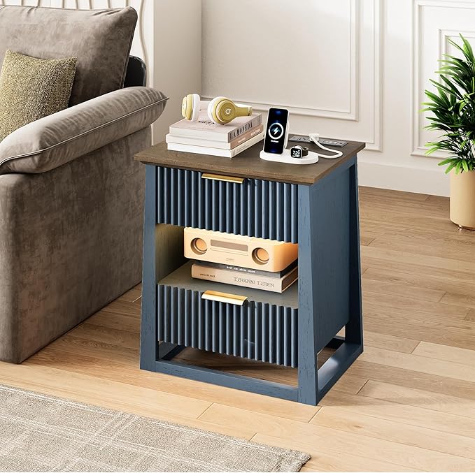 HIFYOBRO Fluted Nightstands Set of 2 with Charging Station & Motion Sensor Light, Modern Bedside Tables with 2 Drawers and Storage Shelf for Bedroom, Blue