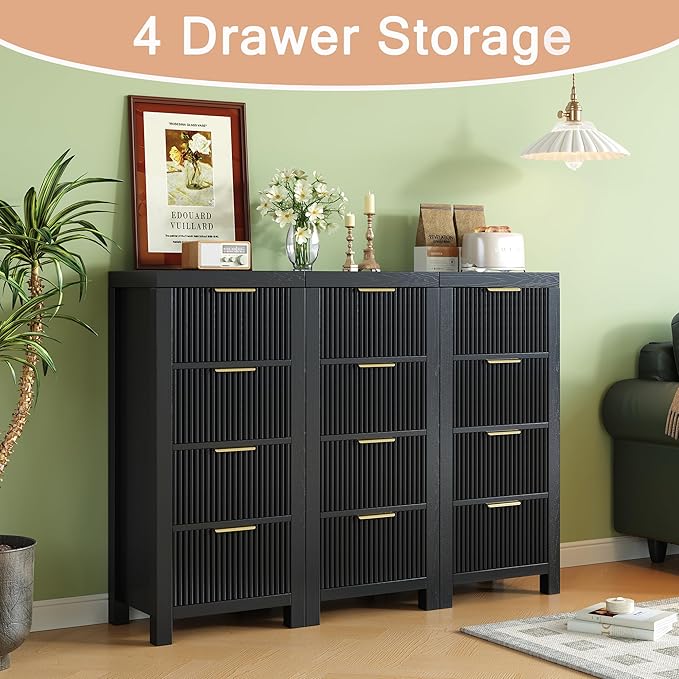 Tall Mid-Century Dresser with 4 Large Drawers, Black Wood Storage Cabinet with Metal Handles for Entryway, Bedroom, or Office