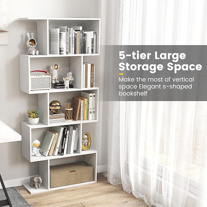 5-Tier Geometric Bookcase, 62.5” Freestanding Room Divider Bookshelf with Open Display Shelves & Anti-tip Device, Wood S-Shaped Storage Organizer for Living Room, Bedroom, Study & Home Office