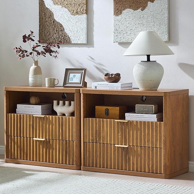 LEYAOYAO 31" Wide Fluted Nightstand Set of 2 with Charging Station, Oversized Extra Large 2 Drawers Night Stand,Brown Wood Bedside Table,Tall End Tables,Modern Chest of Drawers Dressers for Bedroom