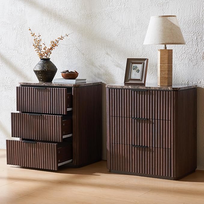 Fluted Nightstand with 3 Drawers, Engineered Wood Bedside Table with Faux Marble-Top, Modern End Table with Curved Corners, Metal Handle, Large Night Stand for Bedroom, Office, Closet, Dark Oak