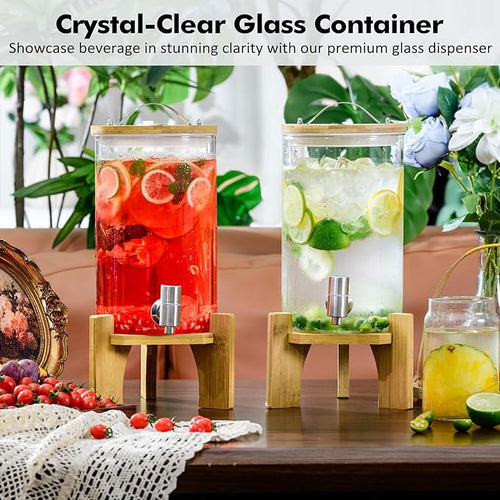 1.2 Gallon Large Glass Drink Dispenser For Parties, Beverage Dispenser with Bamboo Wood Stand and Stainless Steel Spigot, Juice, Lemonade, Water jug dispenser, Laundry Detergent Dispenser (2 PACK)