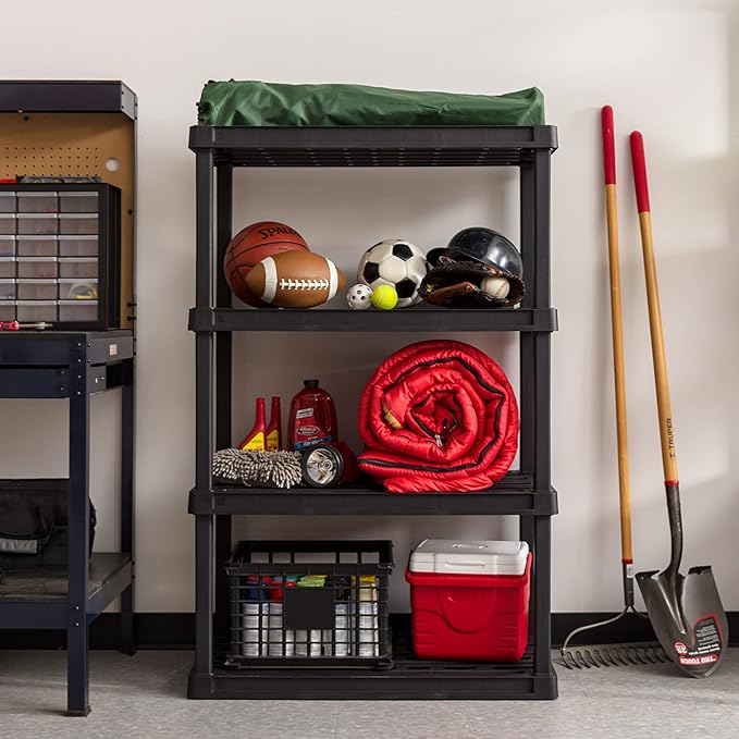 IRIS USA 4-Shelf Heavy Duty Plastic Storage Shelves, 600lb Capacity, 56" H x 36" W x 18" D, Large Modular Shelving Unit Storage Organizer for Garage, Home, Warehouse & Gym, Storage Rack - Black