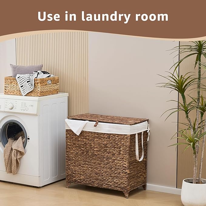 Laundry Hamper with Lid and Removable Liner Bag, Handwoven Natural Hyacinth Clothes Hamper with Heightened Feet, Wicker Laundry Basket for Clothes and Towels，Large, 2-sections