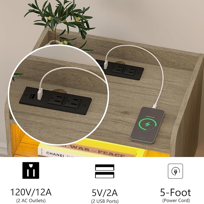 White Floating Nightstand with Charging Station and LED Lights (Grey)