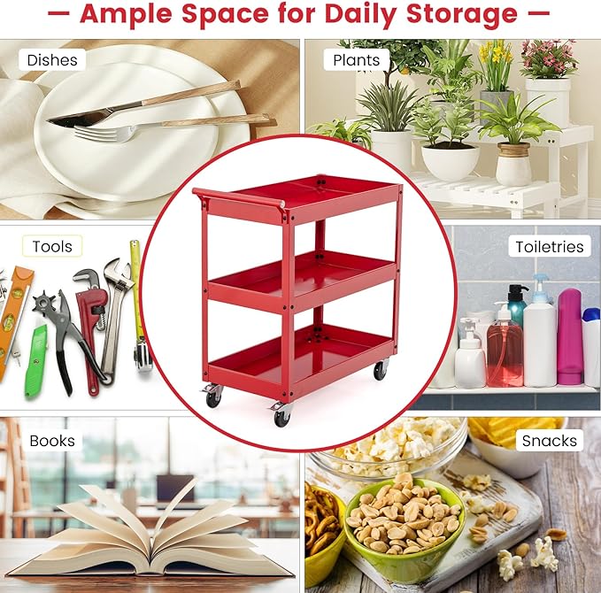 Goplus 3-Tier Utility Cart, Heavy Duty Commercial Service Tool Cart w/Lockable Wheels, 330lbs Load Capacity, Ergonomic Handle, Rolling Mechanic Tool Cart Storage Organizer for Warehouse Garage Red
