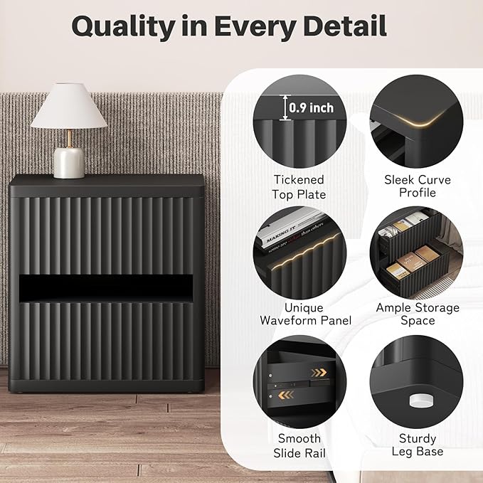 Dripex Fluted Nightstand with 2 Drawers, Large Wide Wood Night Stand Bedside Tables for Bedroom, Mid-Century Modern Storage Bed Side Table, End Tables for Living Room Sofa Couch, Black, Set of 2