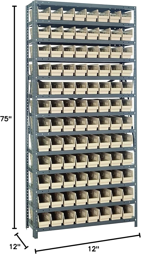Quantum Storage Systems 1275-101IV Steel Shelving Unit with 4" Shelf Bins, 12" D x 36" W x 75" H, Ivory