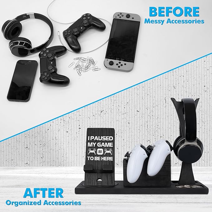 Gaming Accessories Organizer with Headphone Holder, Rotatable Phone Stand & Controller Stand - Unique Gamer Gifts PS4 PS5 Controllers Holders Gaming Equipment, Gifts for Gamers Controller Holder