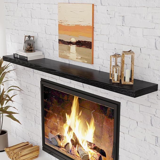 Fun Memories 72 Inch Floating Shelves Black, 72 x 9.3 Rustic Wooden Fireplace Mantel, 9.3 Inch Floating Shelf for Wall, Farmhouse Wall Shelves for Home Storage & Display