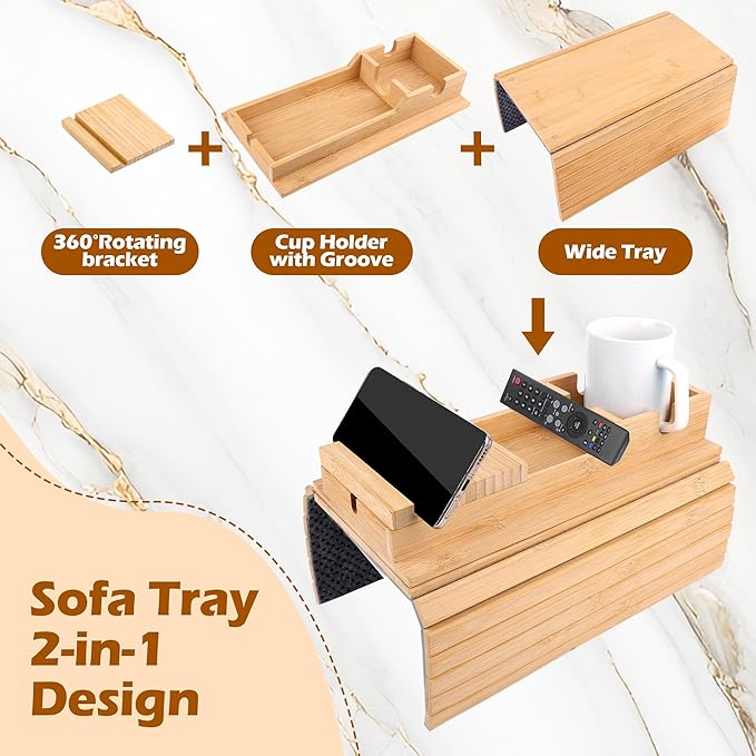 13.4" x 4.6" Couch Armrest Table, Foldable Bamboo Tray with Cup Holder Sofa Arm Tray Multi-Functional Stand, Used to Hold Water Cups, Mobile Phones and Remote Controls
