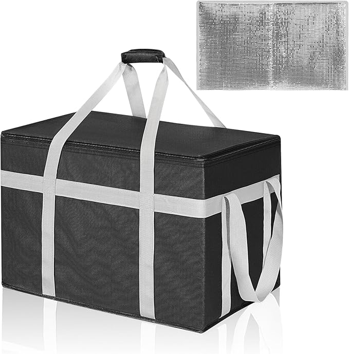 XXXL Insulated Food Delivery Bag with Removable Hard Bottom, Reusable Insulated Grocery Bag for Hot and Cold Food, Catering Cooler for Doordash, Warmers, Parties (Black,1 Pack)