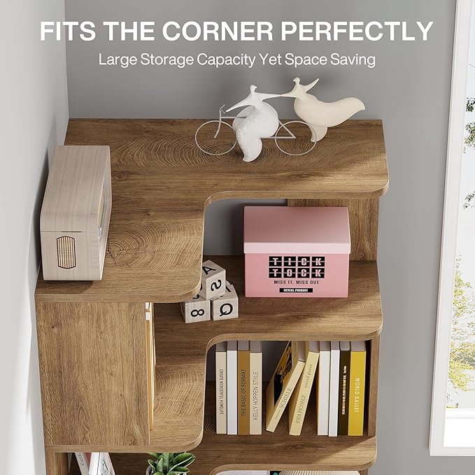 Tribesigns 6 Tier Corner Bookshelf, 64.9 Inches Tall L Shaped Bookcase with Anti-Drop Panel, Freestanding Wood Grain Shelf Display Rack Storage Organizer for Home Office (Light Brown)