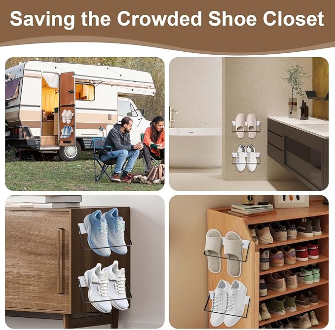 2-Pack Wall Mounted Shoe Rack, Wooden & Metal Foldable Shoe Rack - Space Saving Wall Shoe Holder for Entryway, RV, Camper, Closet, Apartment, Fits Various Shoes-White