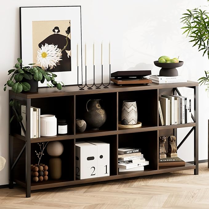 otlectics 2-Tier Bookcase with 8 Cubes, 63 Inch Industrial Horizontal Bookshelf, Home Office Storage Cabinet Organizer with Metal Legs, Brown
