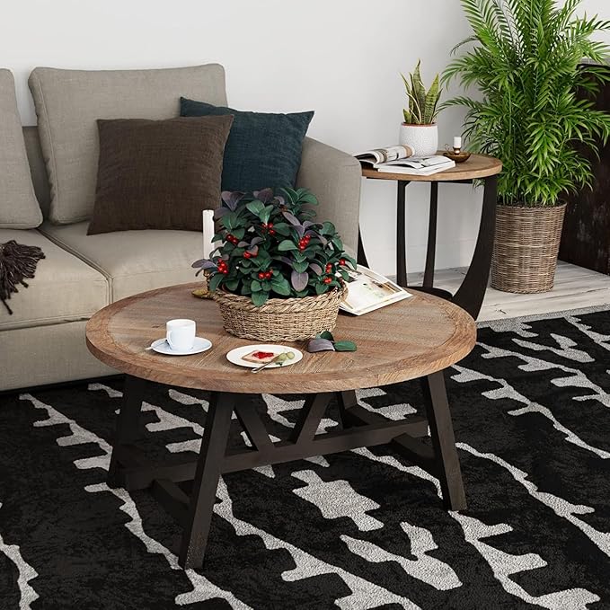 Rustic Farmhouse Coffee Table with Geometric Base, French Country Accent Table for Family, Dinning or Living Room, Modern, Round