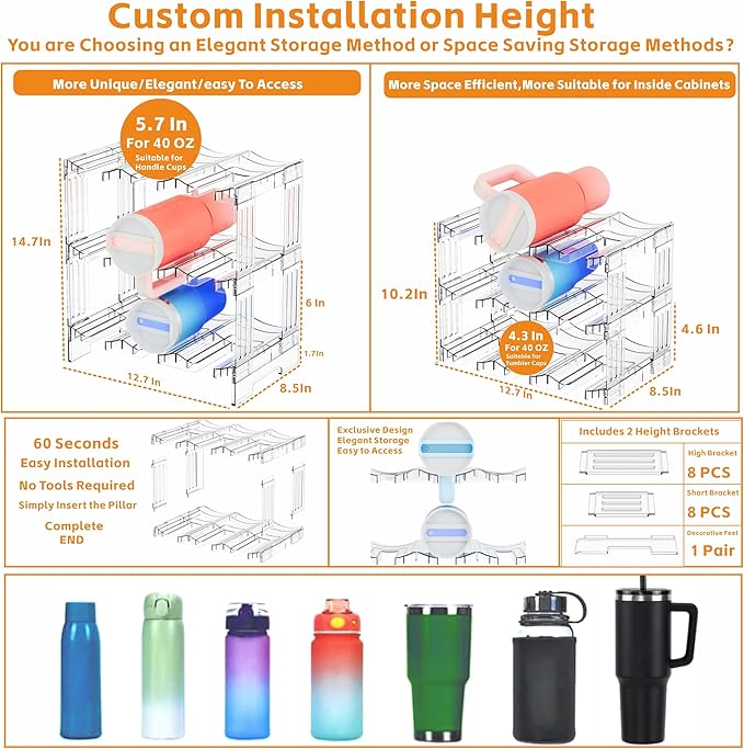 Yieach Stackable Water Bottle Organizer for Cabinet Yeti or Stanley Storage Organizers - Larger Compartment for 40 oz Stanley Cup Holder and Other Tumbler Organizers,Waterbottle Rack for Pantry,3 Tier
