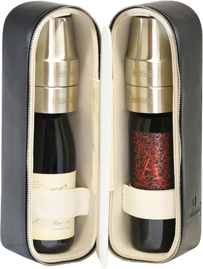 POUR & GARNISH Bourbon, Whiskey & Wine Double Bottle Travel Bag – Vegan Leather Spirits Carrier with 4 Stainless Steel Insulated Glasses & Gift Pouch – Luxury Barware Gift