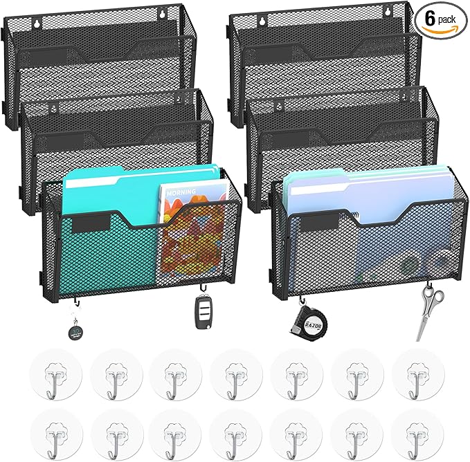 SUPEASY Magnetic File Holder, 6 Pack File Folder Organizer, Wall File Organizer, No Drilling Paper Document Holder & Binder Holder for Home / Office (with Label Panel, 14 * Adhesive Wall Hook)