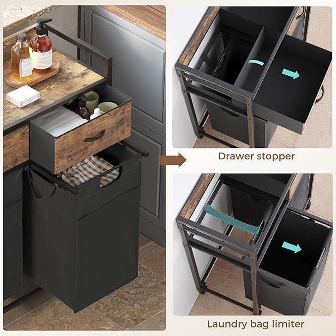 Laundry Hamper baskets 2 Section with 2 Drawers, 100L Laundry Sorter with Wheels Pull-Out Removable Laundry Bags, Rustic Brown and Black