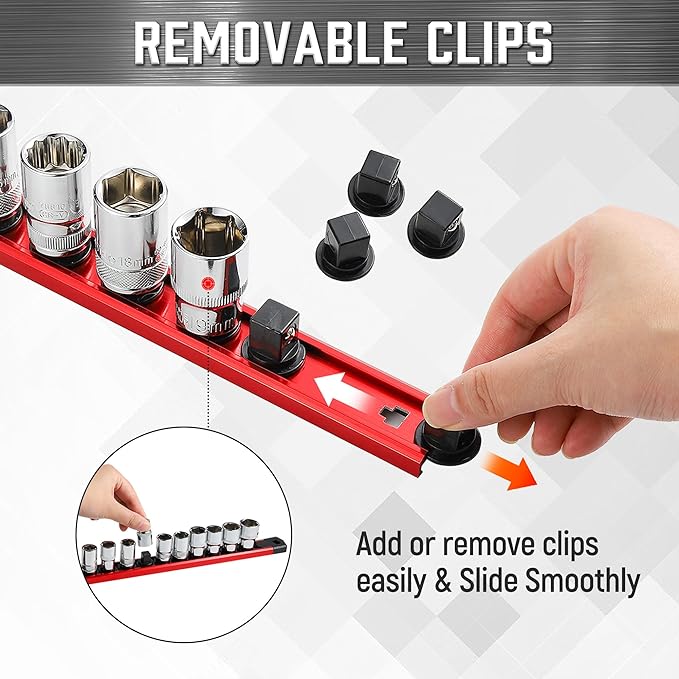 ALOANES 1/2-Inch Drive Magnetic Socket Organizer, Heavy Duty Aluminum Socket Rail Organizer, 360° Swivel Clips Socket Holder Kit for Tool Box, 1/2 Inch Socket Holder x 12 Clips (Red)