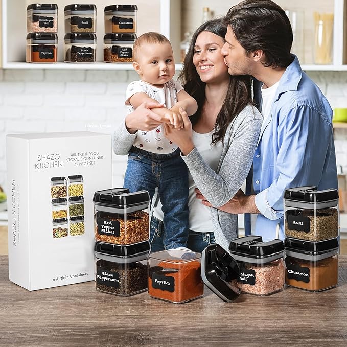 Shazo 6 PC Airtight Food Storage Containers + 6 Spoons - BPA Free Clear Plastic Snack & Spice Containers with Easy Lock Lids - Kitchen and Pantry Organization for Herbs, Coffee, Tea - 0.5L / 2.1 Cups