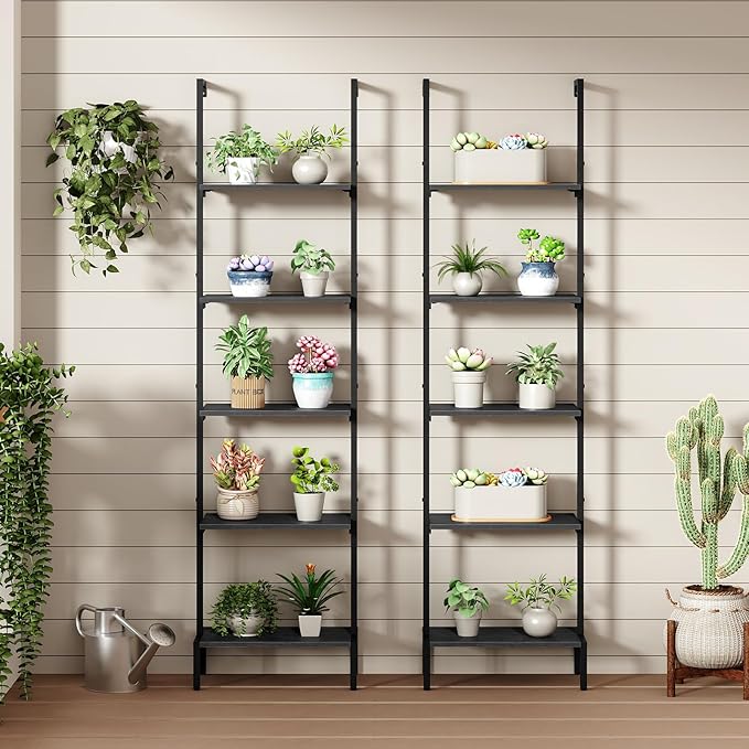 Ladder Shelf, 5-Tier Bookshelf, Ladder Bookcase with Wall Mount, Heavy Duty Industrial Style Storage Rack for Living Room, Office, Kitchen, Bedroom, Black LSBK5501